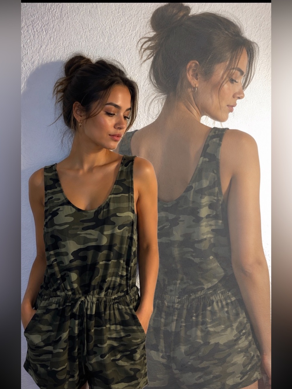 Camo Scoop Neck Romper in Olive & Black